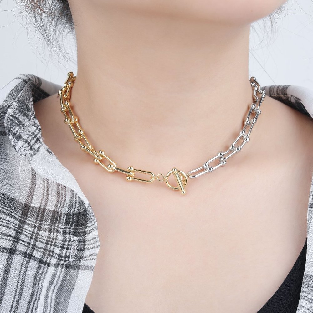 Gold Plated Two-Tone Trendy Link Chain, Choker Toggle Necklace